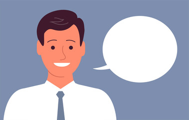 Portrait of a cheerful young man with a happy smile. Business clothes, tie. Talking bubble. Flat vector illustration isolated on blue background
