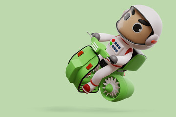 Delivery spaceman riding flying motorcycle with delivery box, 3d rendering
