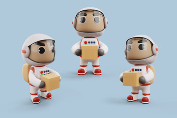 Delivery spaceman holding a box, 3d rendering