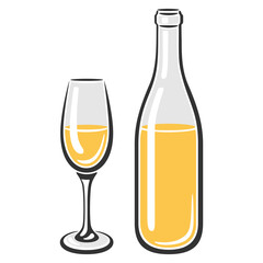 Illustration of bottle and glass with white wine. Image for restaurants and bars.