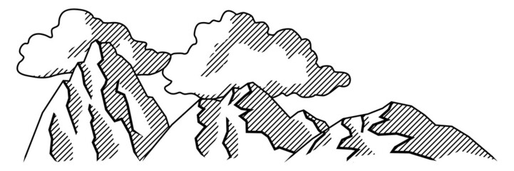 Landscape with mountains, hills and sky. Natural illustration. Engraving style.