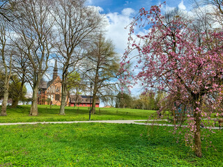 Old Poland cathedral building in the city park