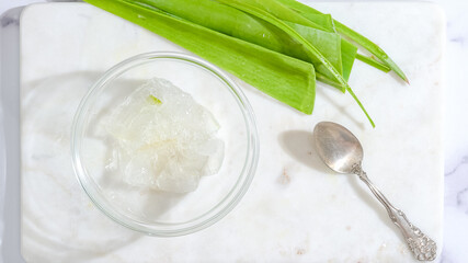 Aloe Vera homemade face and body scrub recipe. Aloe Vera gel close up in a glass bowl on marble background