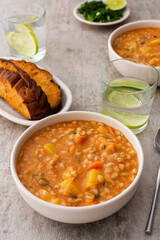 Soup with barley and sauerkraut, plates with soup and croutons, delicious healthy lunch, Russian cuisine