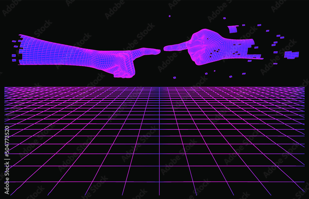 Poster synthwave the 80's like style 3d vector illustration with laser perspective grid and two low-poly ha