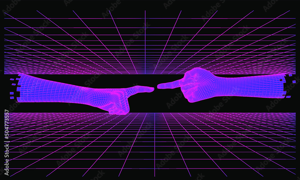 Leinwandbilder synthwave the 80's like style 3d vector illustration with laser perspective grid and two low-poly ha