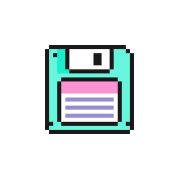 Floppy disk 3.5" inch vector icon in pixel art style, isolated on white background