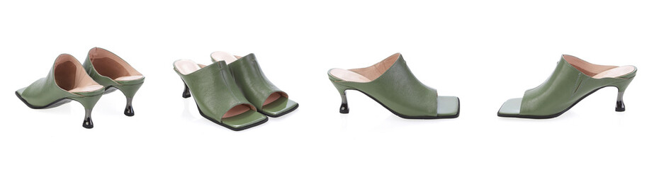 Collage set stylish elegant trendy designer fashionable summer spring 2022 eco leather women's sandals shoes heel isolated.