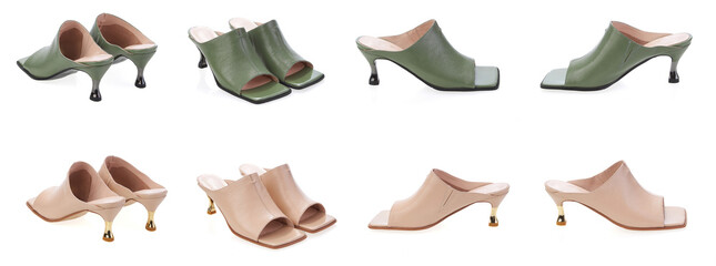 Collage set stylish elegant trendy designer fashionable summer spring 2022 eco leather women's sandals shoes isolated