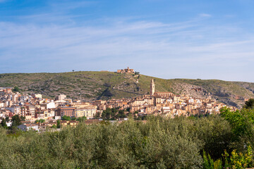 Panoramic view of Bocairent and the Santo Cristo hermitage, in Valencia (Spain).