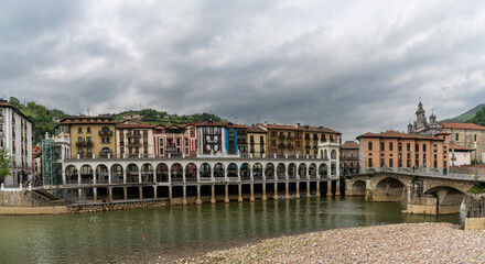 panorama view of the historic city center of Tolosa and the Oria River in the Spanish Basque Country