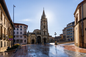 Fototapeta na wymiar horizontal view of the San Salvador Cathedral and square in the historic city center of Oviedo with a sunburst