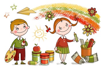 Children draw with crayons. Kindergarten, children draw on the wall and floor. Playing together, children's art school.