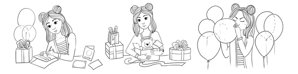 People are preparing for a birthday party and celebrating with garlands, balloons, champagne, cake, and gift boxes. Preparation for the holiday. Vector illustration isolated on white background.