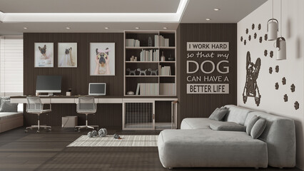 Pet friendly dark wooden home office, desk, chairs, bookshelf and dog bed with gate. Sofa, window and parquet. Carpet with dog toys and french bulldog artwork. Interior design concept