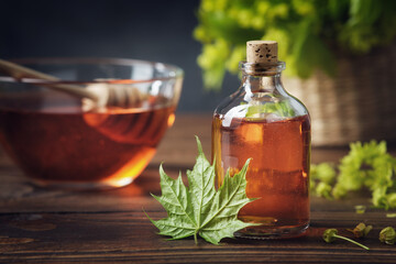 Bottle of maple syrup or healthy tincture and spring maple leaf. Bowl of maple syrup and wooden...