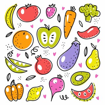 Vector set of hand-drawn illustrations of fruits and vegetables