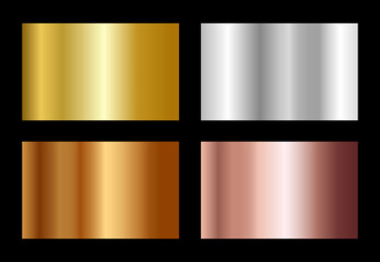 Set of gold silver and bronze gradients. Gold, silver, bronze, copper foil gradation background set. Vector metalic gradient collection isolated on black background. 