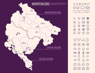 Detailed map of  Montenegro with administrative divisions on dark background, country big cities and icons set, vector illustration