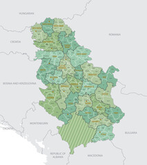 Detailed map of Serbia with administrative divisions into Districts, Municipalities and cities, major cities of the country, vector illustration onwhite background