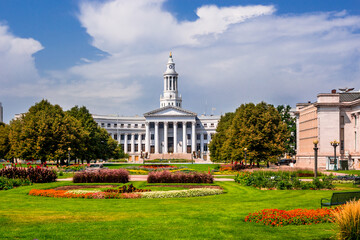 Beautiful Denver city public park on a front of the City and County building in sunny summer day