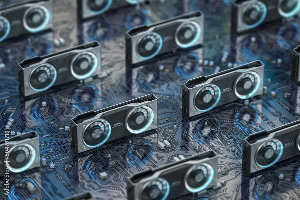 Poster Graphics cards GPU standing in a row in bitcoin mining farm or 3d render farm. IT hardware.