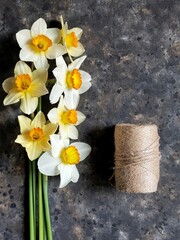 A bouquet of daffodils and skein of twine on black concrete background with copy space. Flatlay with spring flower.