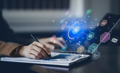 Businessman hands working on network and digital finance marketing chart with future technology innovation and digital transformation concept.