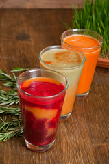 Freshly squeezed vegetable juices from pumpkin, beets and carrots.