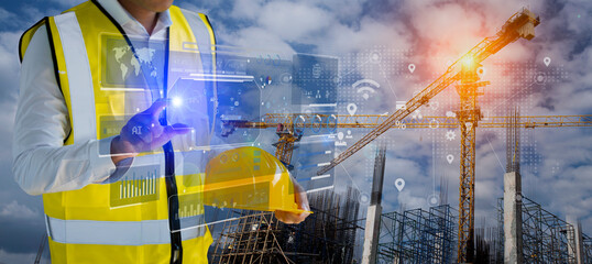 Future building construction engineering and technology project concept. double exposure graphic...