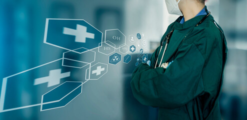 Medicine doctor using digital healthcare and network connection on hologram modern virtual screen...