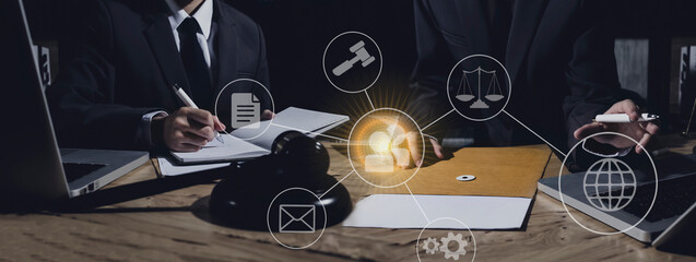 Concepts of Law and Legal services. Lawyer working with law interface icons.