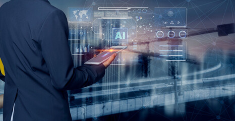Future building construction engineering and technology project concept. double exposure graphic with engineer using digital tablet and smart industry and IOT software to control operation.