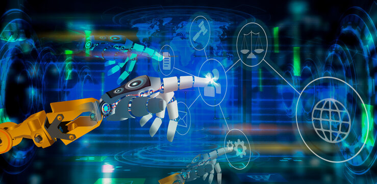 3D rendering of Robot hand touching on cloud technology digital graph interface, technology and network concept. © SOMKID