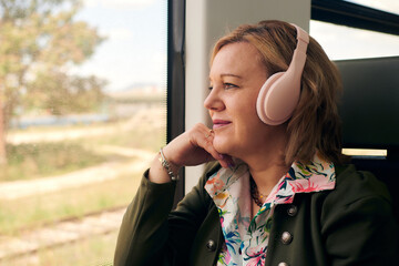 Woman with a headphones looks out the window on a train