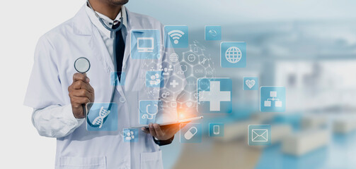 Medicine doctor using digital healthcare and network connection on hologram modern virtual screen...