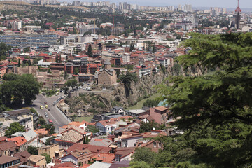 Fototapeta na wymiar Panoramic top view of Tbilisi city and Kura river