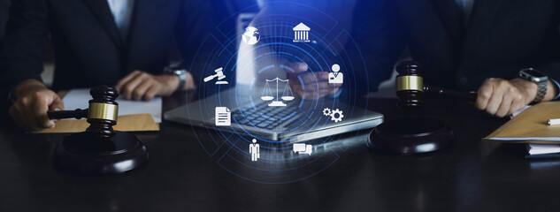 Concepts of Law and Legal services. Lawyer working with law interface icons.