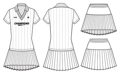 Women polo color tennis dress with asymmetric pleated skirt sports top jersey design flat sketch fashion Illustration suitable for girls and Ladies, dress for tennis, netball, badminton sport kit