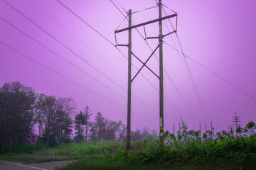 Electric pylons and power cables over the foggy forest at sunset with a pink sky