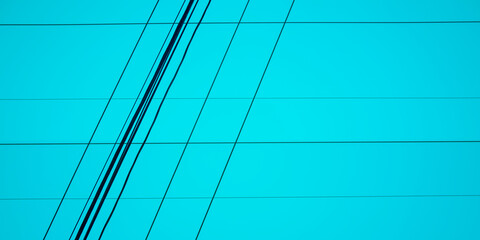 Blue backdrop image with black lines of crisscrossing power cables in the sky