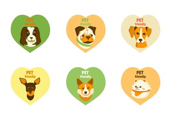 Naklejka premium Pet friendly logo with dogs of different breeds in heart Vector cartoon illustration