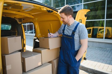 The courier brought the delivery of the box to the client. Courier service employee in uniform.