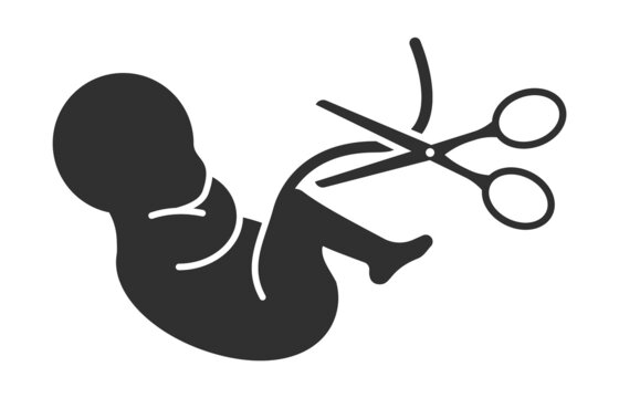 Fetus icon. Prenatal human child with placenta symbol. Embryo sign. Embryo with scissors. Vector illustration.