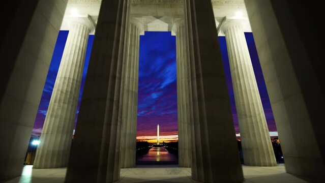 Hyperlapse Timelapse Through Lincoln Memorial at Sunrise Facing Washington Monument