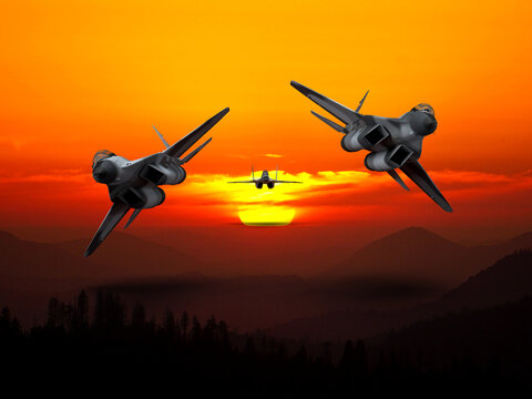 3d render three fighter jets flying at sunset