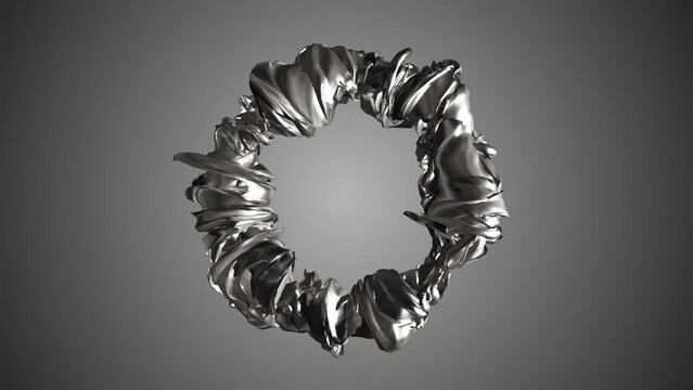 Animated silver ring frame. Movement in a spiral, a twisted sphere. Pattern of liquid metal, silk fabric. Transformer. 3d rendering. Intro for presentation, logo, business, technology, medicine.