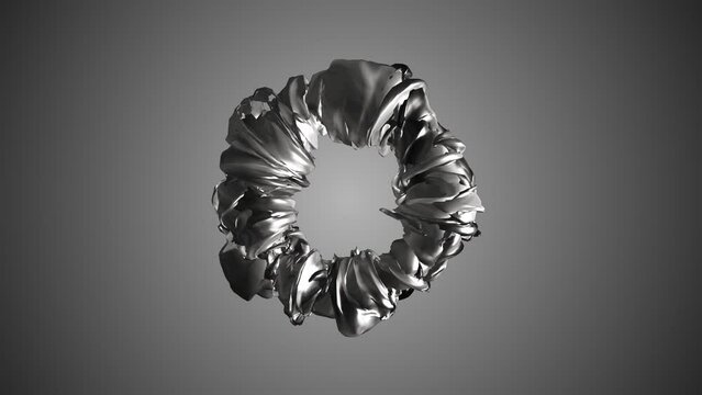 Animated silver ring frame. Movement in a spiral, a twisted sphere. Pattern of liquid metal, silk fabric. Transformer. 3d rendering. Intro for presentation, logo, business, technology, medicine.