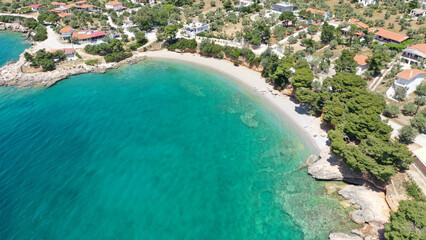 Aerial drone photo of small paradise beach of Prosilio in Porto Germeno, Corinthian gulf, West Attica, Greece