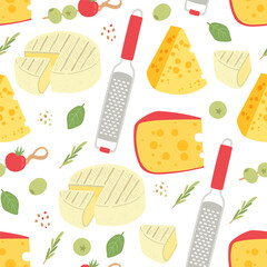 Cheese seamless pattern dairy product flat vector